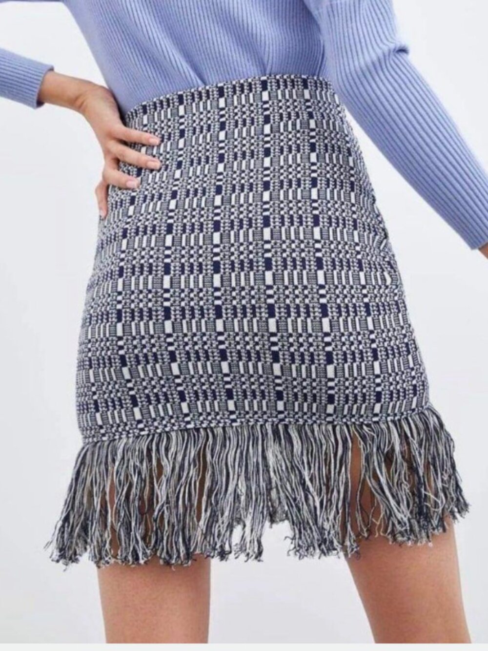 Zara Tweed Blue & White Fringe Skirt sz XS / S
